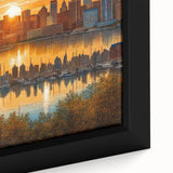 Framed canvas featuring a textured depiction of the Baltimore skyline in black with colorful accents.