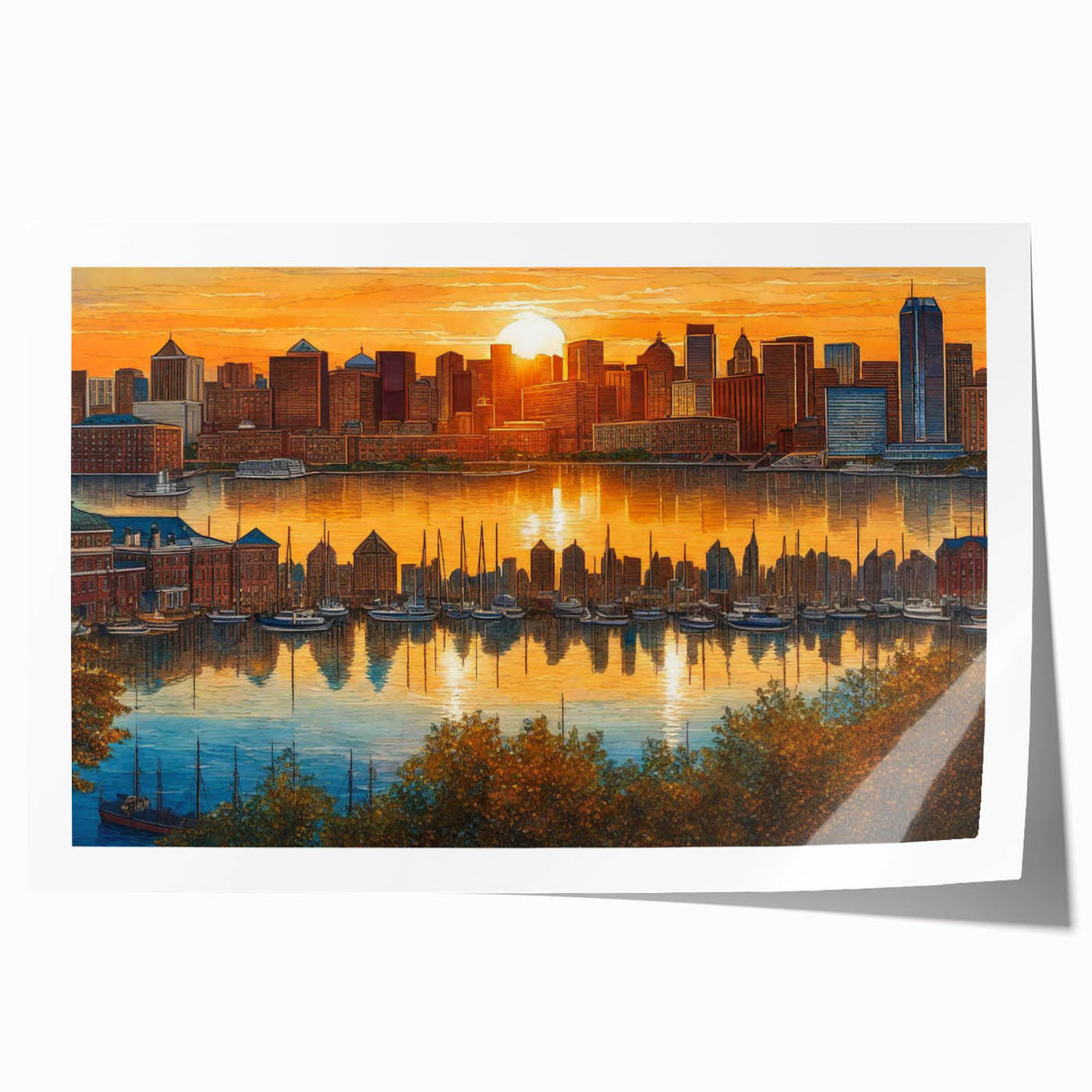Baltimore skyline in muted gray and blue tones on a rolled canvas print, suitable for dining room wall art.
