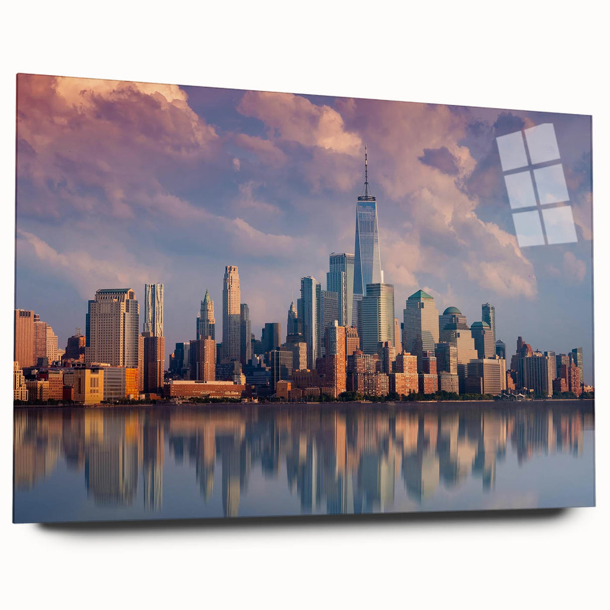 Acrylic print of New York City skyline in muted gray tones, ideal for modern bedroom or dining room decor.