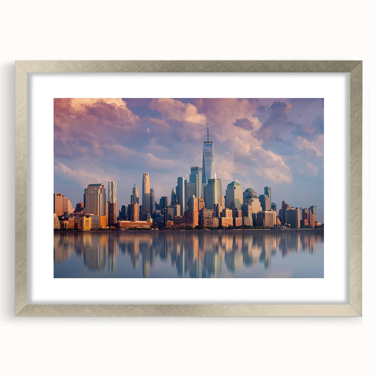 Textured art print of New York City skyline in muted gray tones on a framed silver mat, suitable for bedroom decor.