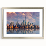 Textured art print of New York City skyline in muted gray tones on a framed silver mat, suitable for bedroom decor.