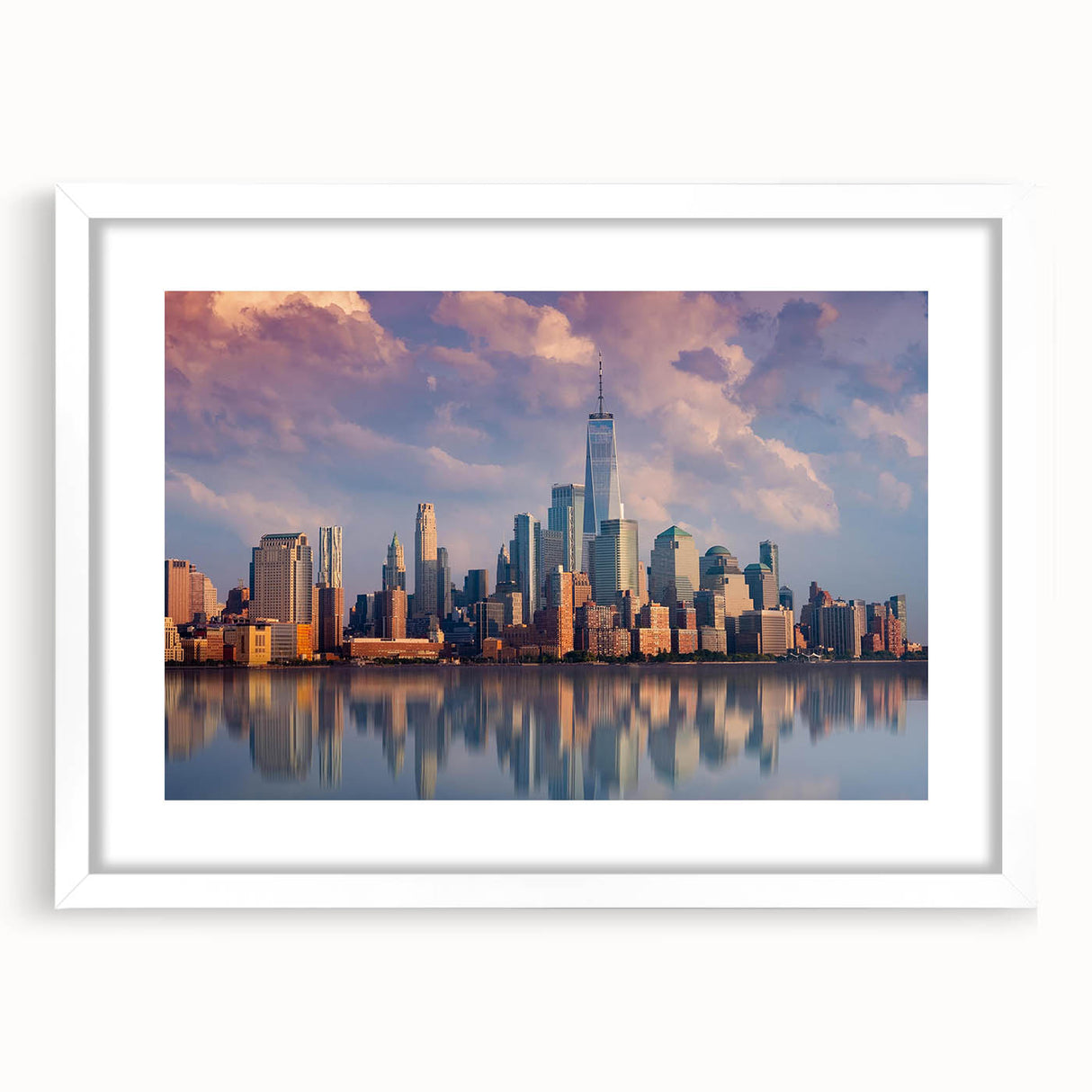 Abstract art print of New York City skyline in muted gray and blue tones on a framed white mat.