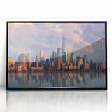 Large abstract wall art of New York City skyline in black and white tones, framed acrylic.