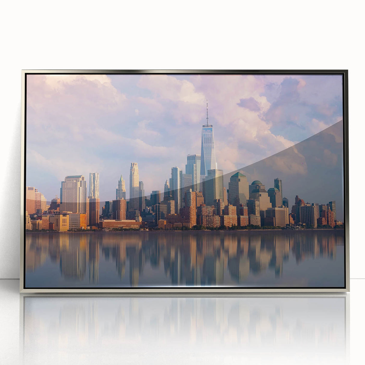 Mid-century modernist New York City skyline in silver-framed acrylic, featuring muted gray and blue tones.