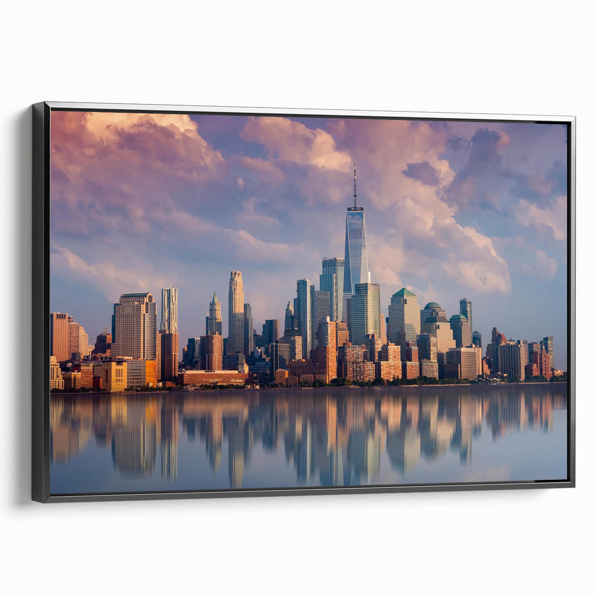 Black and white framed canvas of New York City skyline, ideal for bedroom wall art.