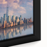 Close-up of a textured black wall art depicting New York City skyline, featuring vibrant colors, on a framed canvas.