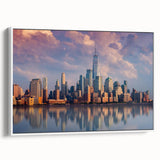 Framed canvas of a black and white vintage poster featuring the New York City skyline, ideal for bedroom wall art.