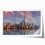 New York City skyline in muted gray and blue tones on a large rolled canvas, suitable for dining room wall art.