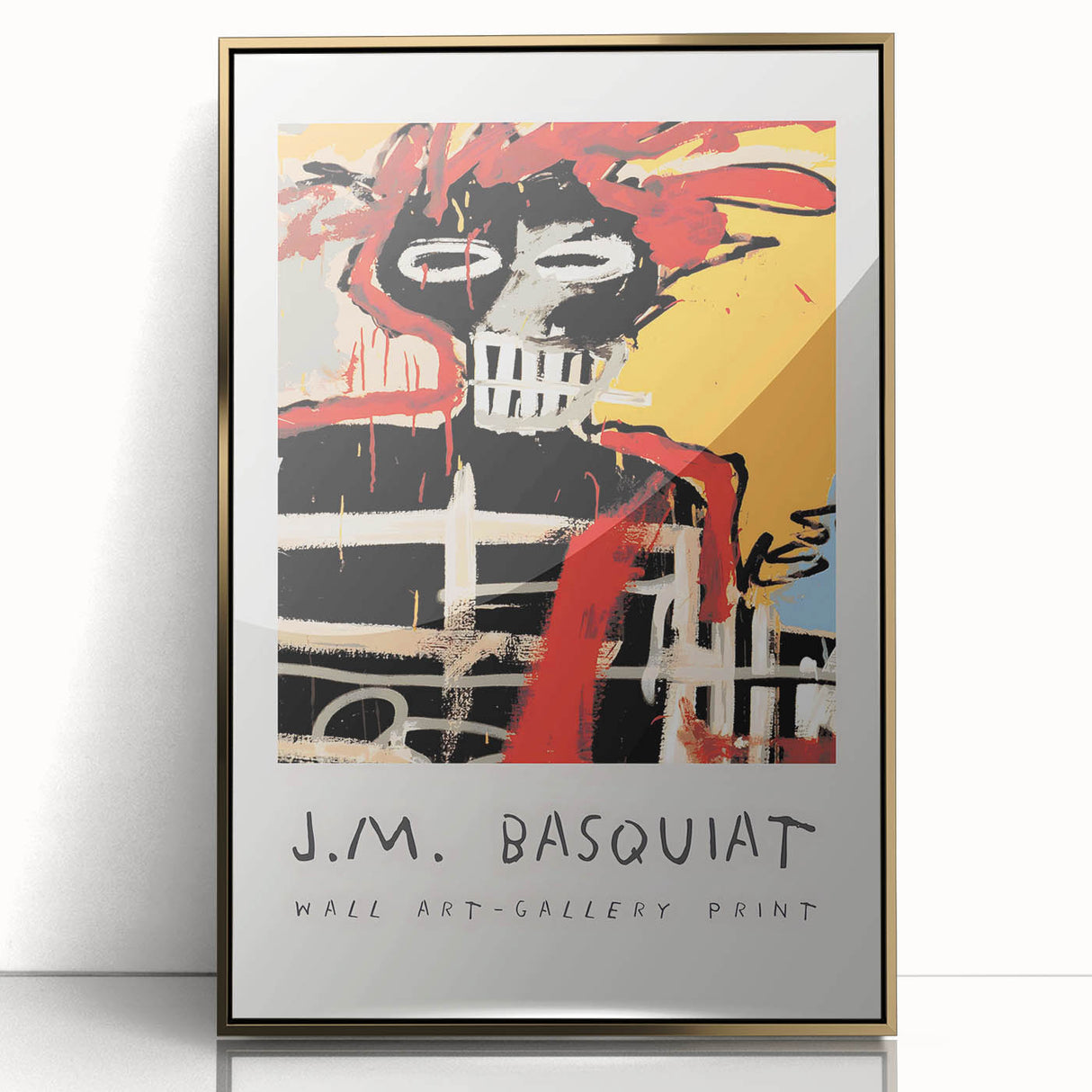 Large art print featuring a mid-century modernist Basquiat design in vibrant colors on a framed acrylic.
