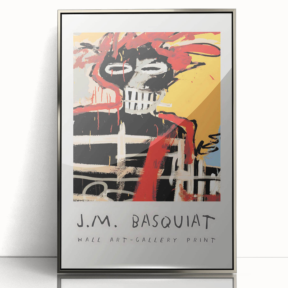 Mid-century modernist art featuring abstract shapes in vibrant colors on a silver-framed acrylic, ideal for nursery wall art.