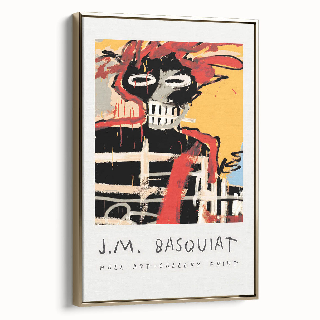 Framed canvas featuring a contemporary Basquiat design in gold and black tones, suitable for bedroom wall art.