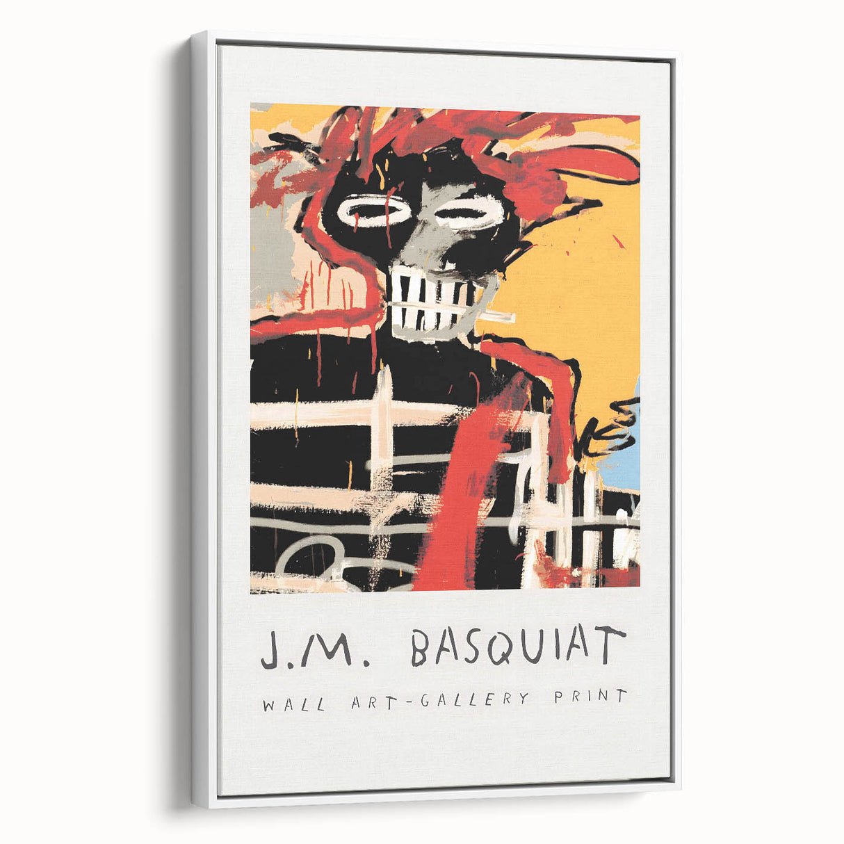 Vintage poster art on framed canvas, featuring a colorful, abstract Basquiat design with black accents.