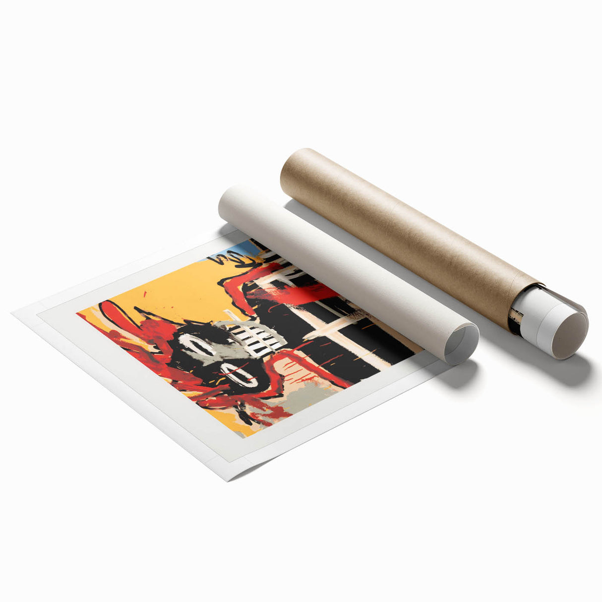 Extra large rolled print featuring avant-garde Basquiat design with floral elements, ideal for classy bathroom wall art.