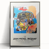 Mid-century modernist art featuring abstract forms in bold primary colors on framed acrylic.