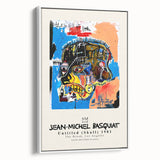 Framed canvas of a vintage poster art featuring a colorful, abstract Basquiat design in black, ideal for living room decor.