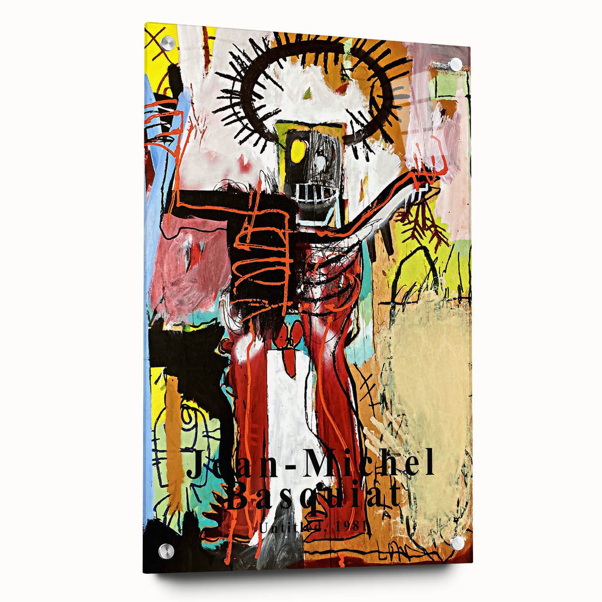 Large abstract wall art on acrylic glass depicting avant-garde Basquiat design in vibrant colors.
