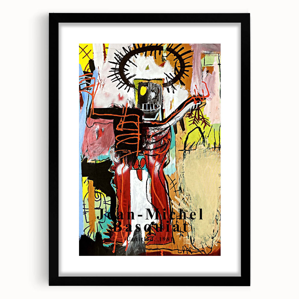 Extra large abstract art print featuring a textured, colorful Basquiat design on a black framed canvas.