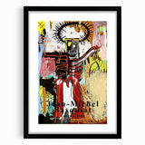 Extra large abstract art print featuring a textured, colorful Basquiat design on a black framed canvas.