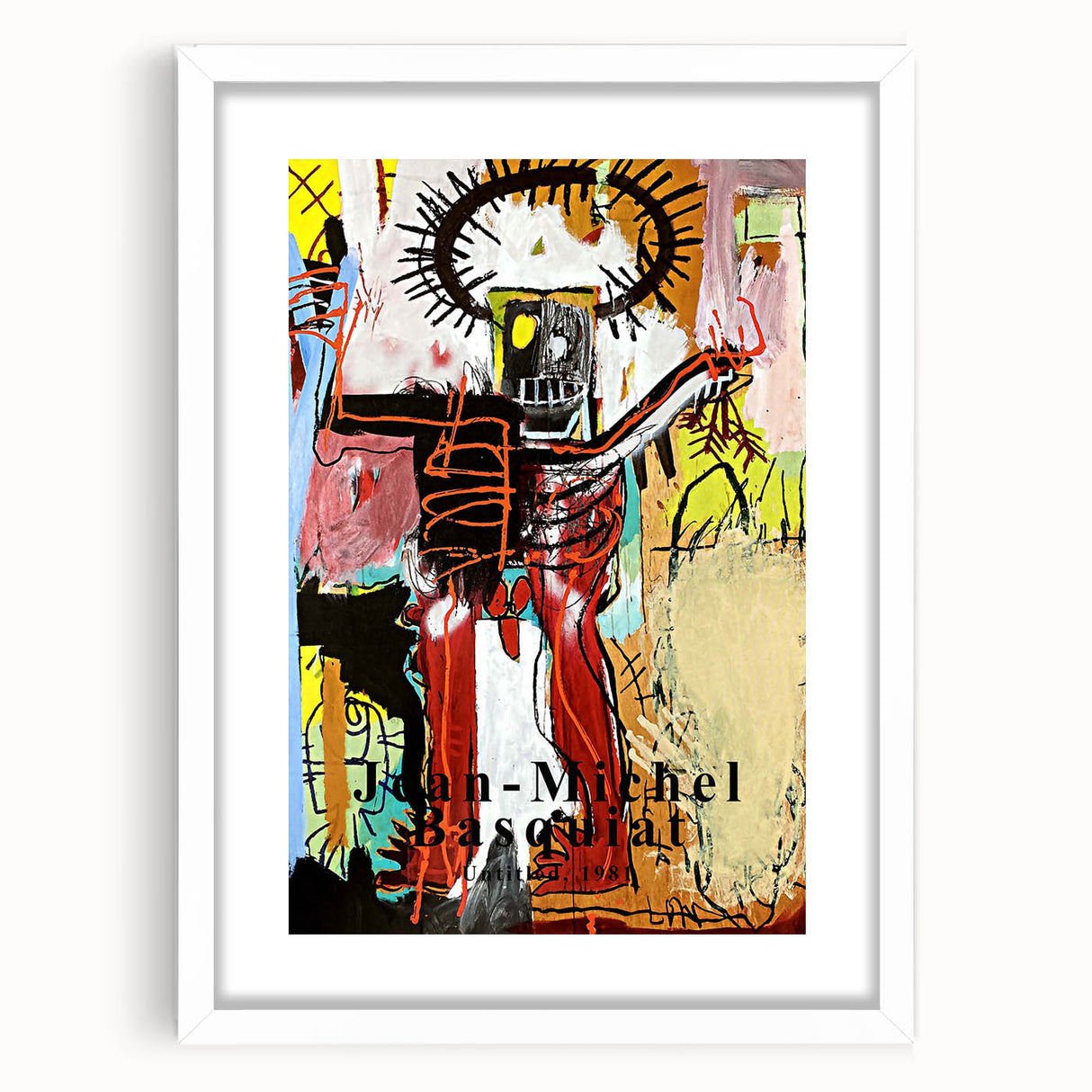 Abstract art print featuring dynamic shapes in bold colors on a white framed canvas.