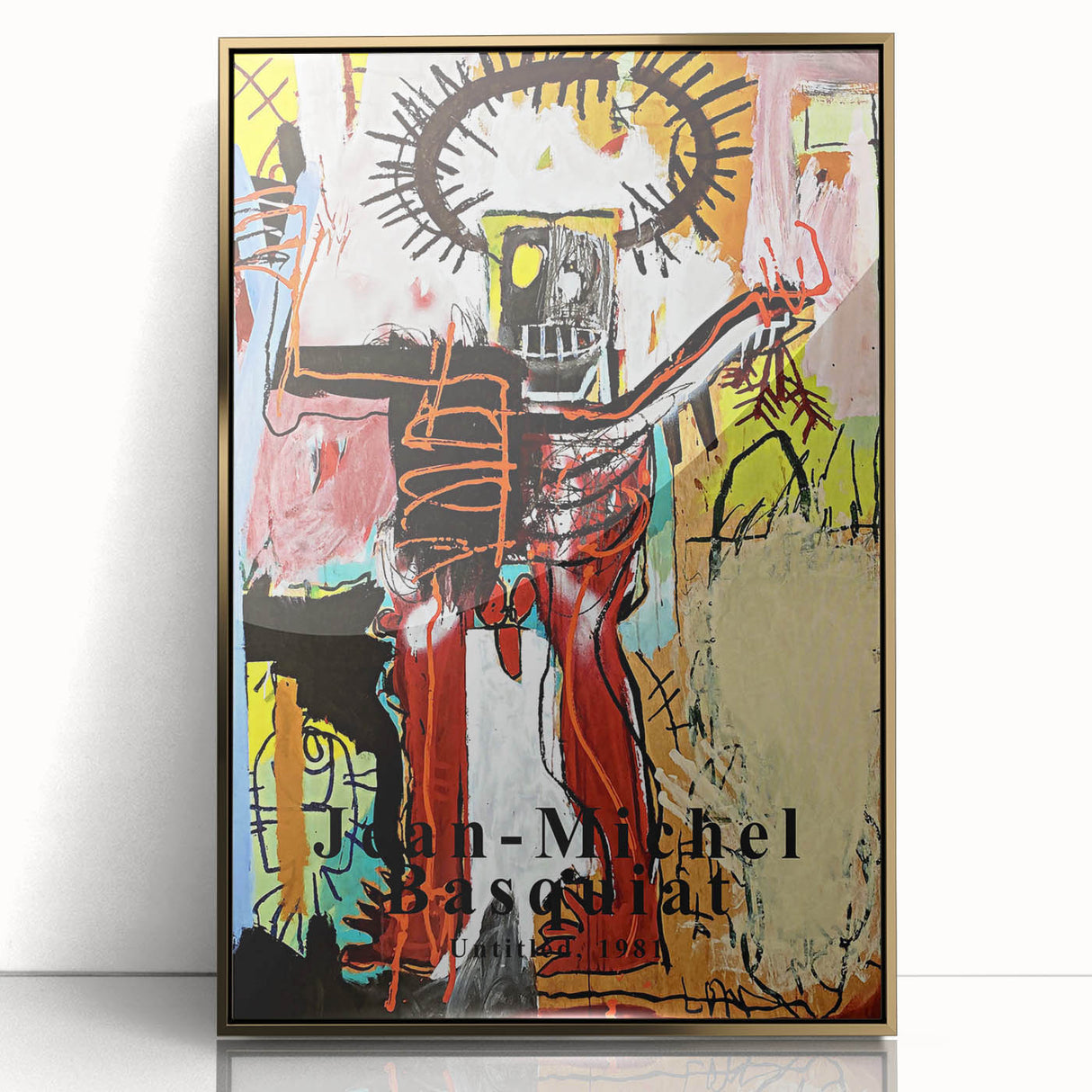 Large art print featuring a mid-century modernist Basquiat design in bold colors on a framed acrylic canvas.