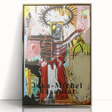 Large art print featuring a mid-century modernist Basquiat design in bold colors on a framed acrylic canvas.