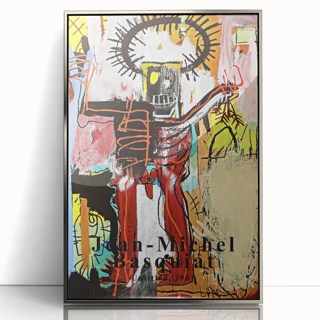 Mid-century modernist art featuring abstract forms in bold black and blue on a silver-framed acrylic print.