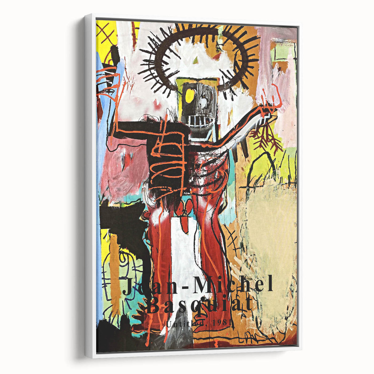 Vintage poster art of abstract figures in vibrant colors on a large framed canvas, suited for living room decor.