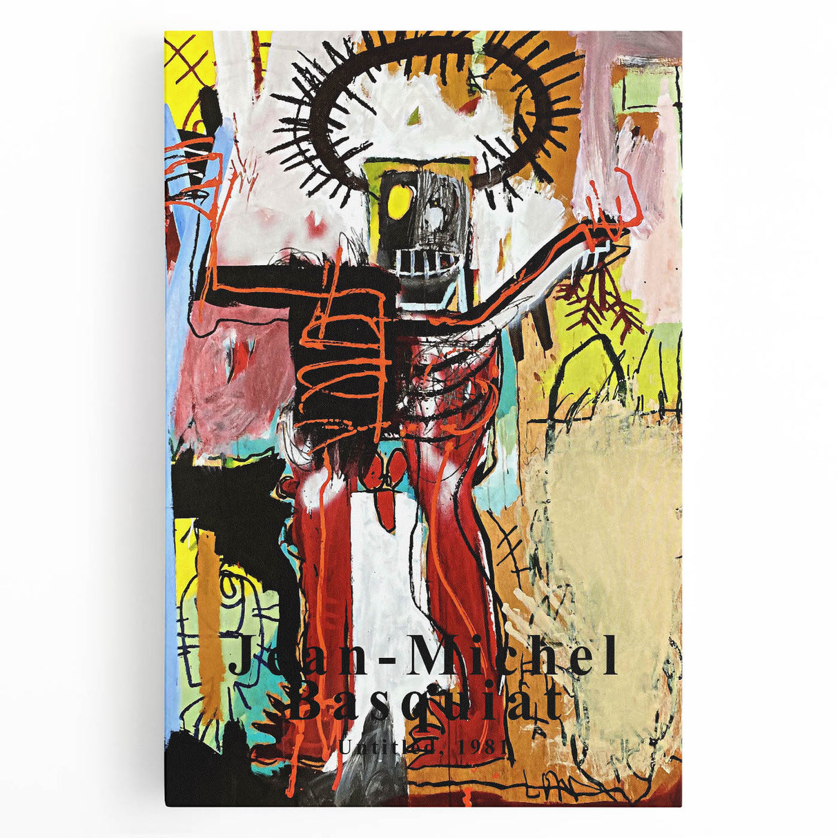 Large black and white abstract Basquiat-style artwork on stretched canvas, ideal for kitchen wall art.