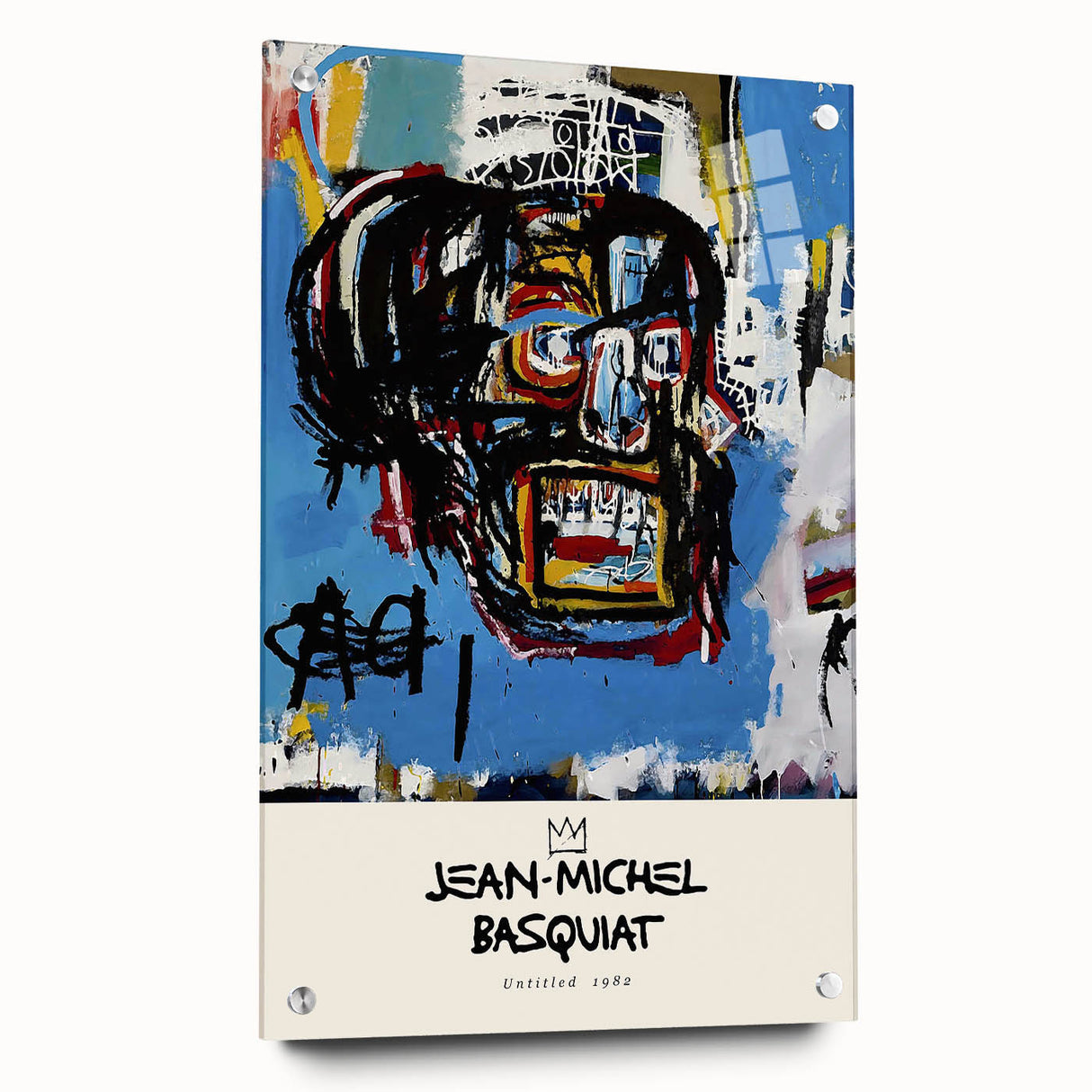 Large abstract wall art on acrylic glass featuring dynamic shapes in bold colors, ideal for bedroom or dining room decor.