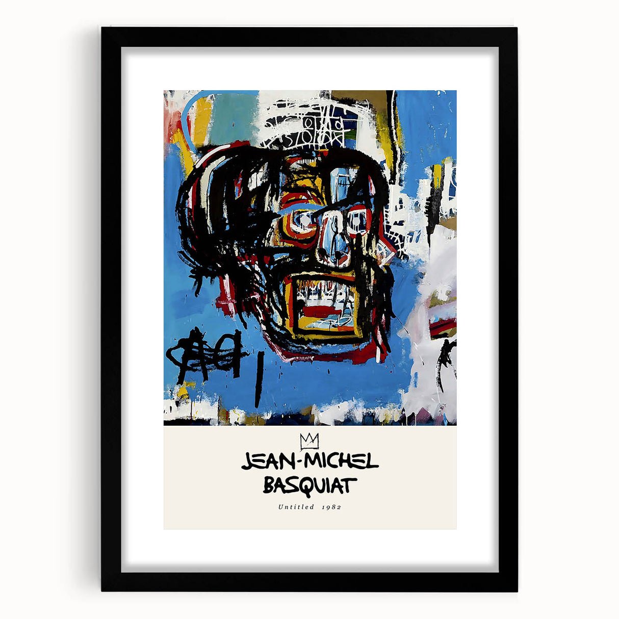 Colorful abstract art print featuring avant-garde Basquiat design in a black frame.