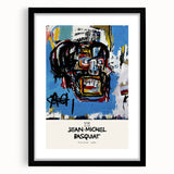 Colorful abstract art print featuring avant-garde Basquiat design in a black frame.