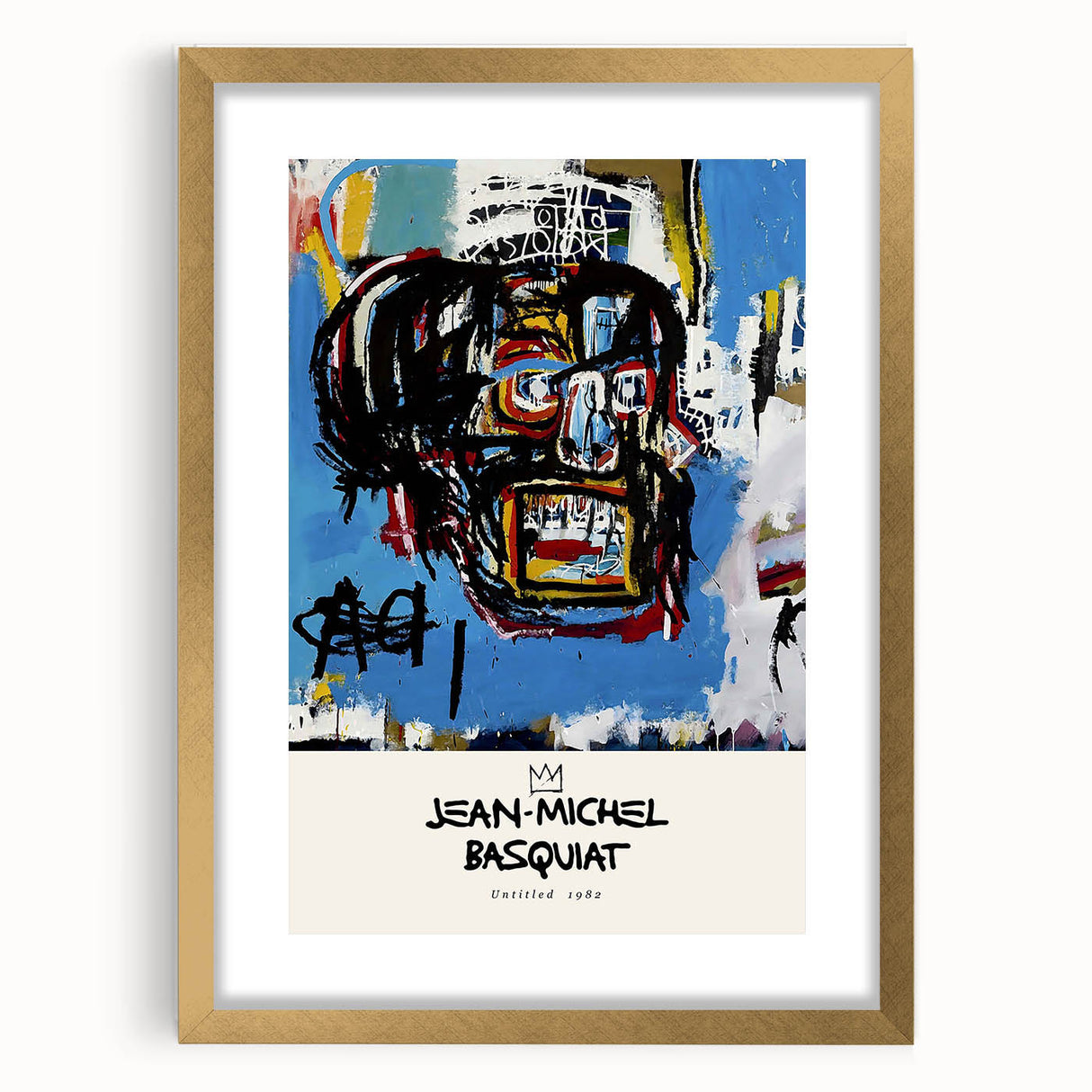 Extra large abstract art print featuring a textured, avant-garde Basquiat design in gold frame, ideal for living room decor.