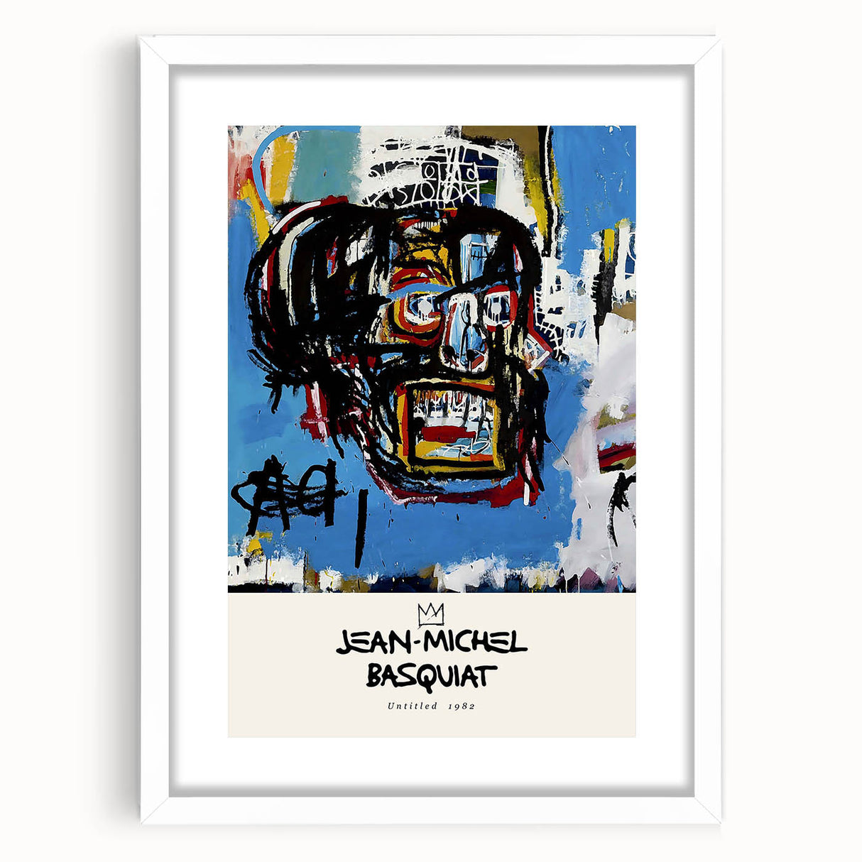 Abstract art print featuring bold, multicolored strokes on a white framed canvas, ideal for dining room or bedroom decor.