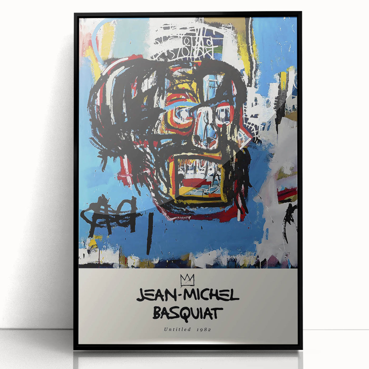 Large abstract wall art featuring dynamic, multicolored shapes on a black background, framed in acrylic.
