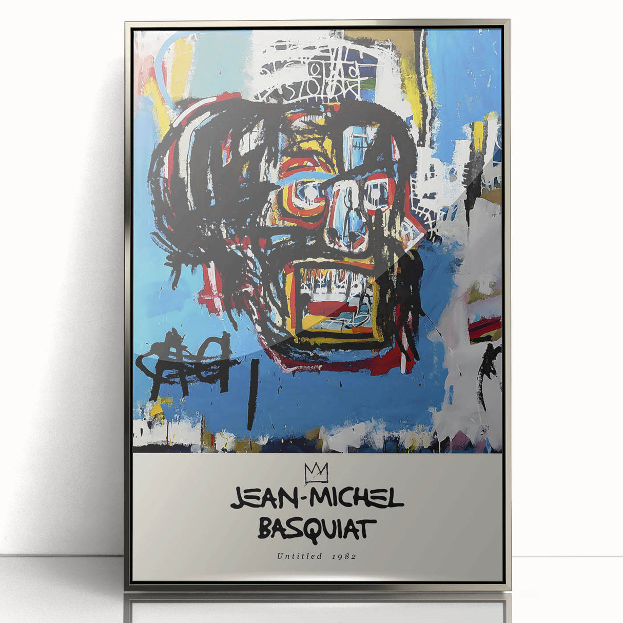 Mid-century modernist art depicting abstract figures in bold colors on a framed acrylic, suitable for modern art wall decor.