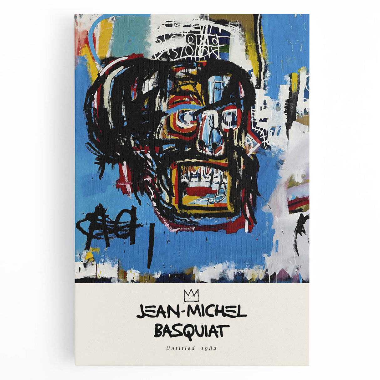 Abstract black and white Basquiat-inspired art on stretched canvas, ideal for kitchen wall art.
