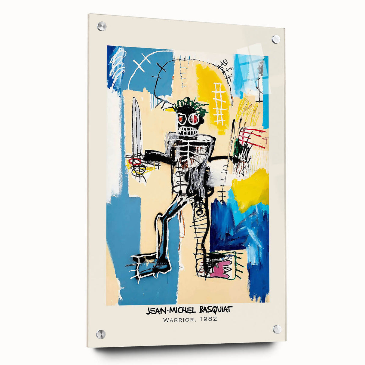 Large abstract wall art on acrylic glass, featuring avant-garde Basquiat design in bold colors.