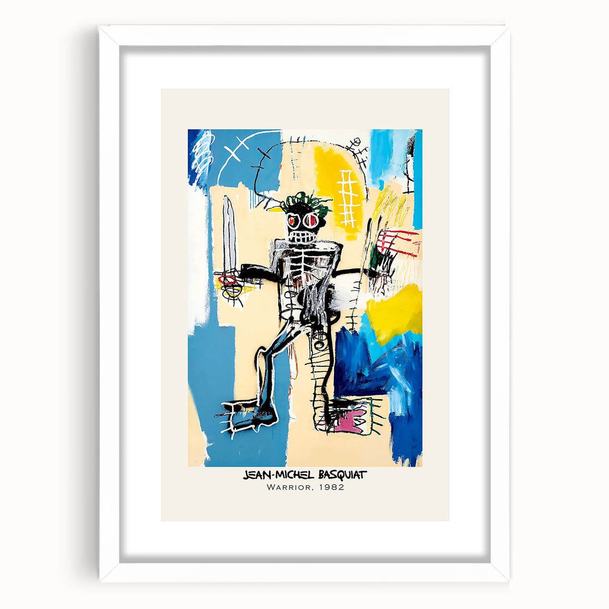 Abstract art print featuring vibrant blue and yellow tones on a white framed canvas, suitable for dining or bedroom decor.