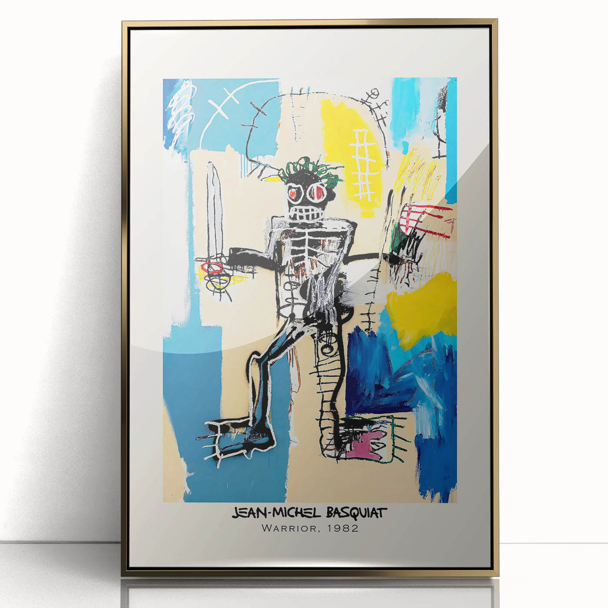 Large art print featuring a mid-century modernist Basquiat design in gold tones on acrylic, ideal for modern art wall decor.