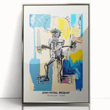 Mid-century modernist art deco poster in acrylic frame, featuring abstract figures in bold colors.