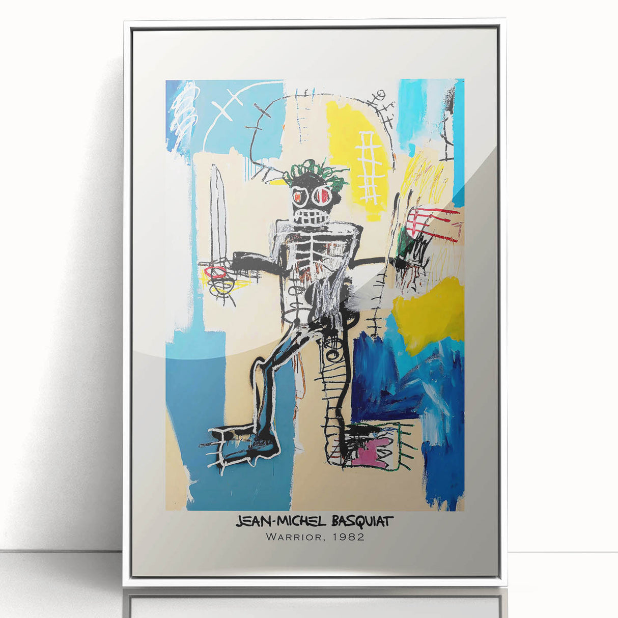Modern art wall decor featuring a vibrant, abstract Basquiat design on a white acrylic framed poster.