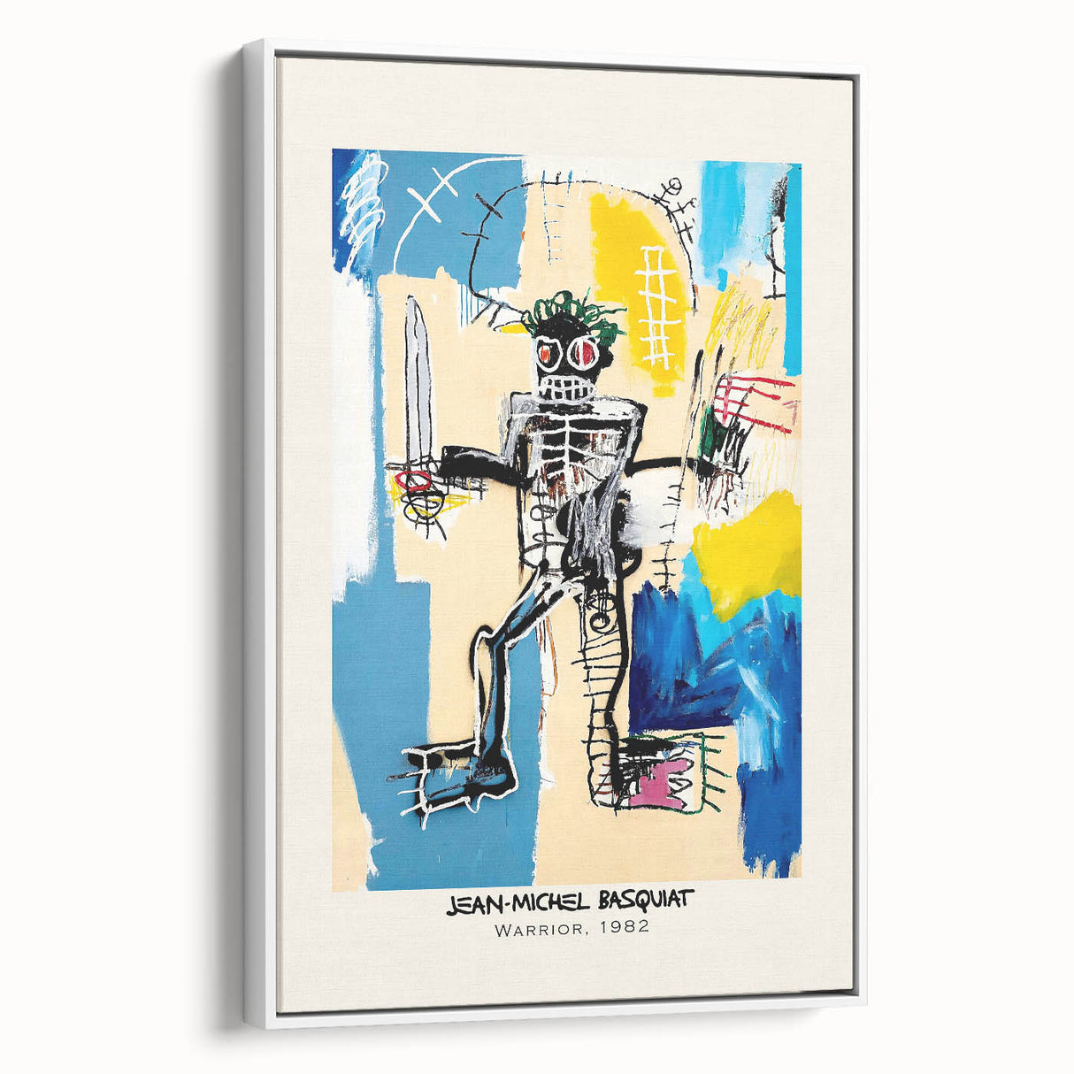 Vintage poster art of an abstract Basquiat design in vibrant colors on framed canvas, ideal for living room decor.