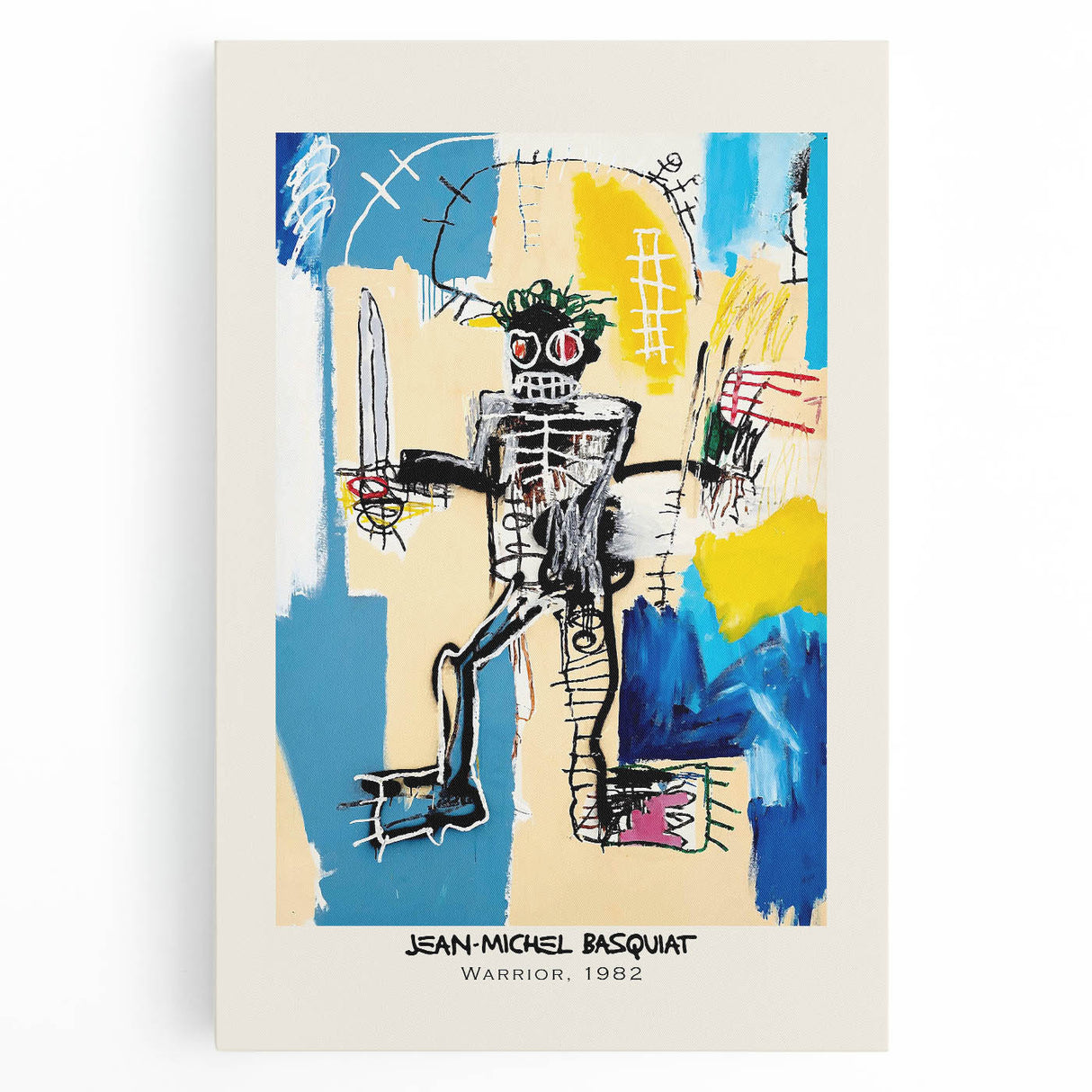 Large black and white abstract Basquiat-style painting on stretched canvas, ideal for kitchen wall art.