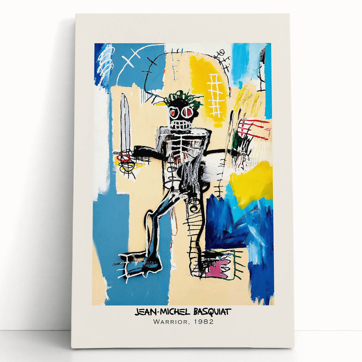 Large black and white abstract Basquiat-inspired artwork on stretched canvas, suitable for kitchen or bedroom decor.