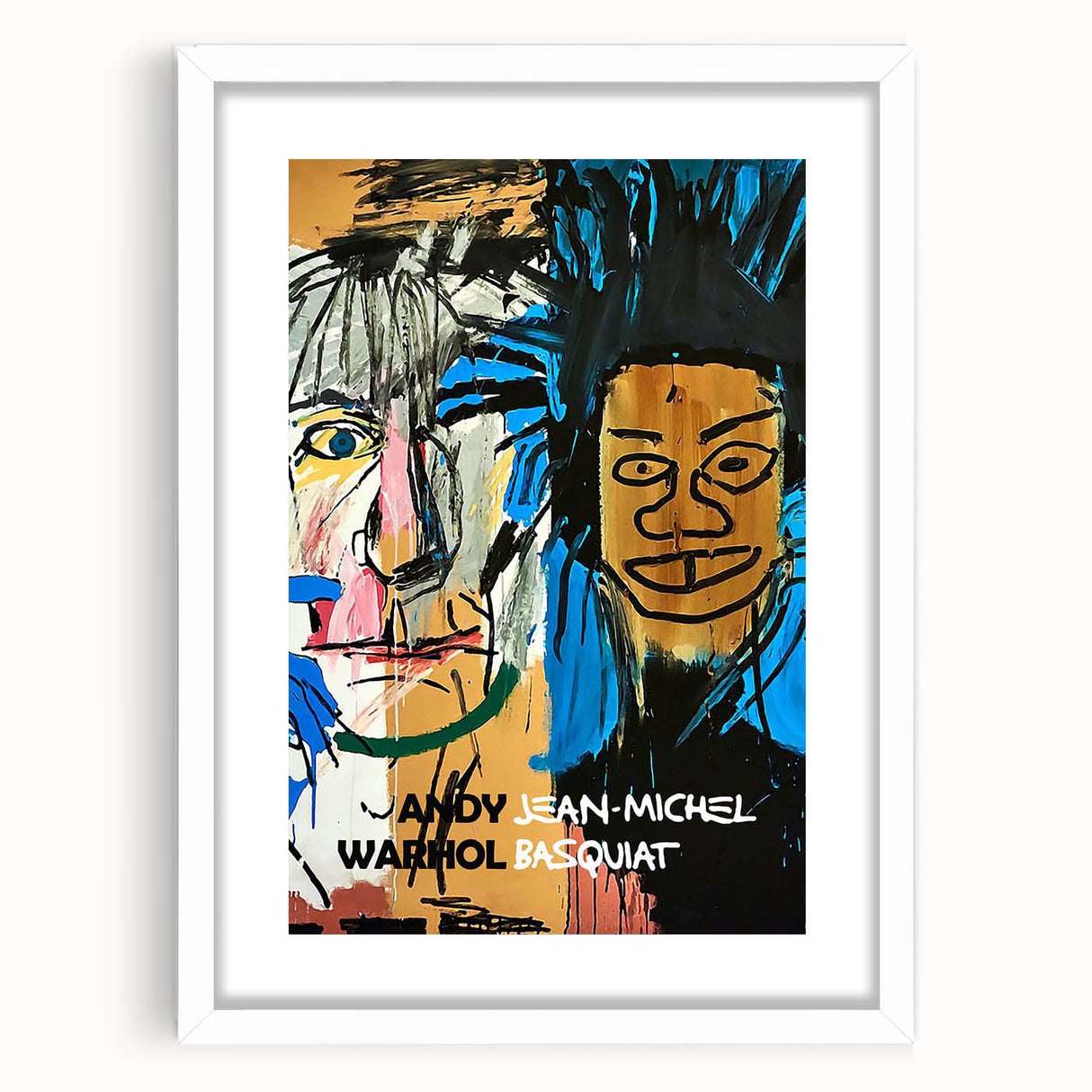 Abstract art print featuring a Basquiat-inspired design in bold primary colors on a white framed canvas.