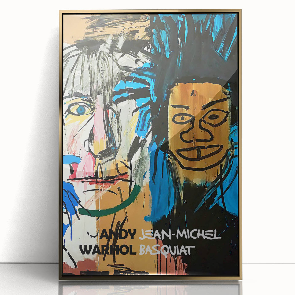 Large art print featuring a mid-century modernist Basquiat design in gold and black tones on framed acrylic.