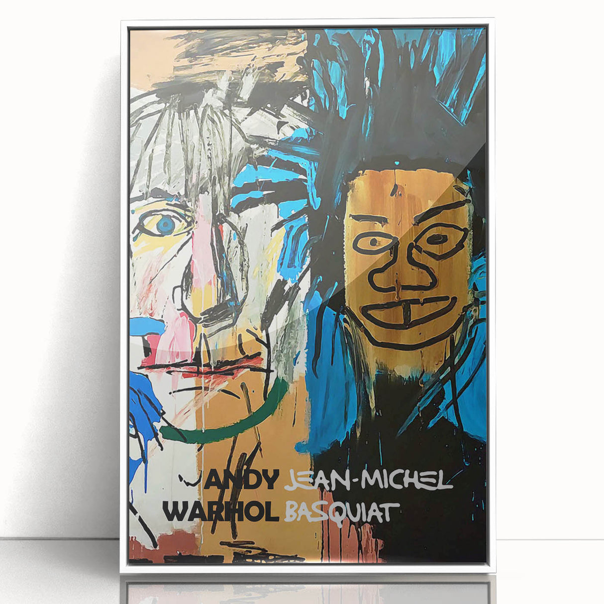 Modern art wall decor featuring abstract Basquiat design in vibrant colors on a white acrylic framed poster.