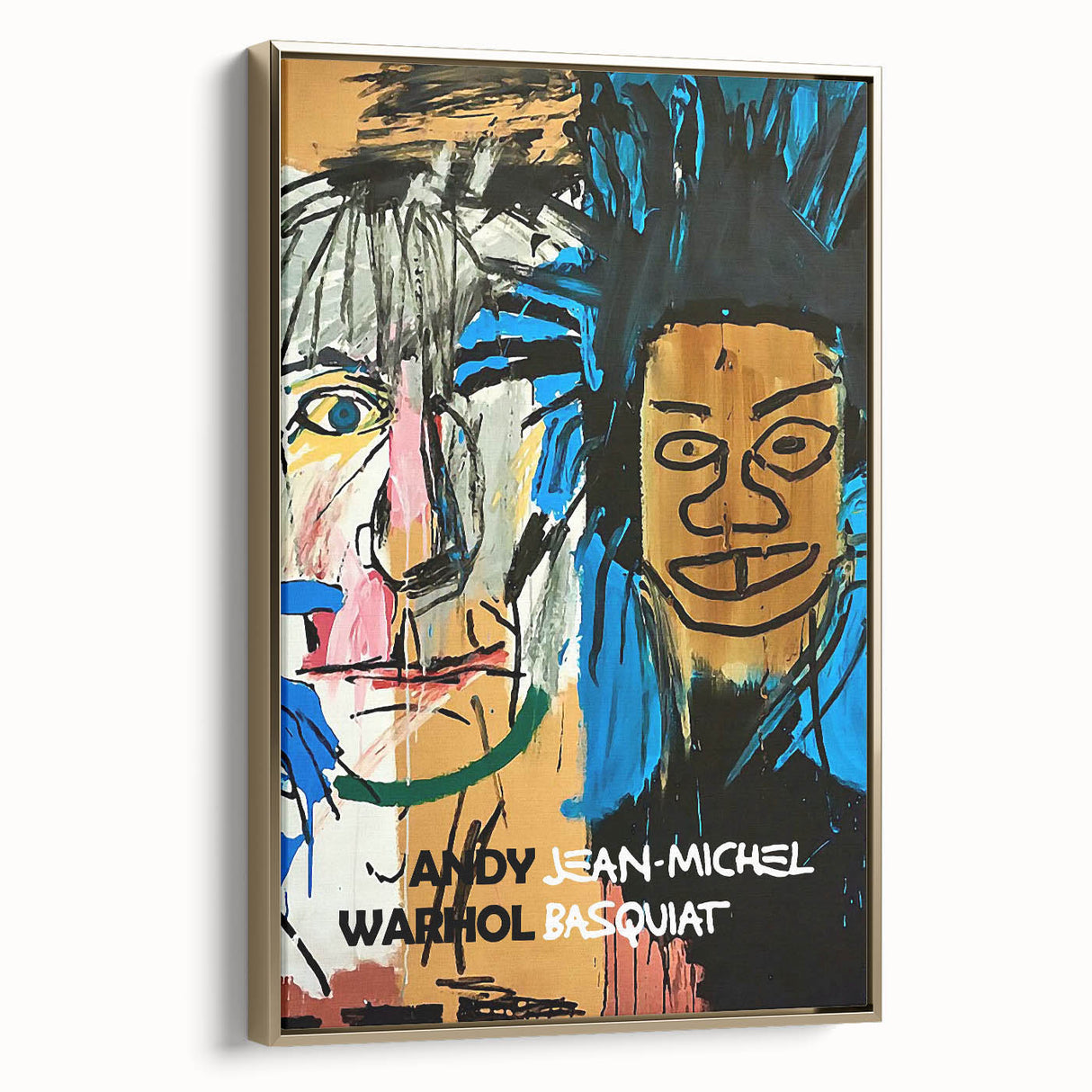 Framed canvas featuring a contemporary black and gold Basquiat-style design, ideal for modern bedroom ambiance.
