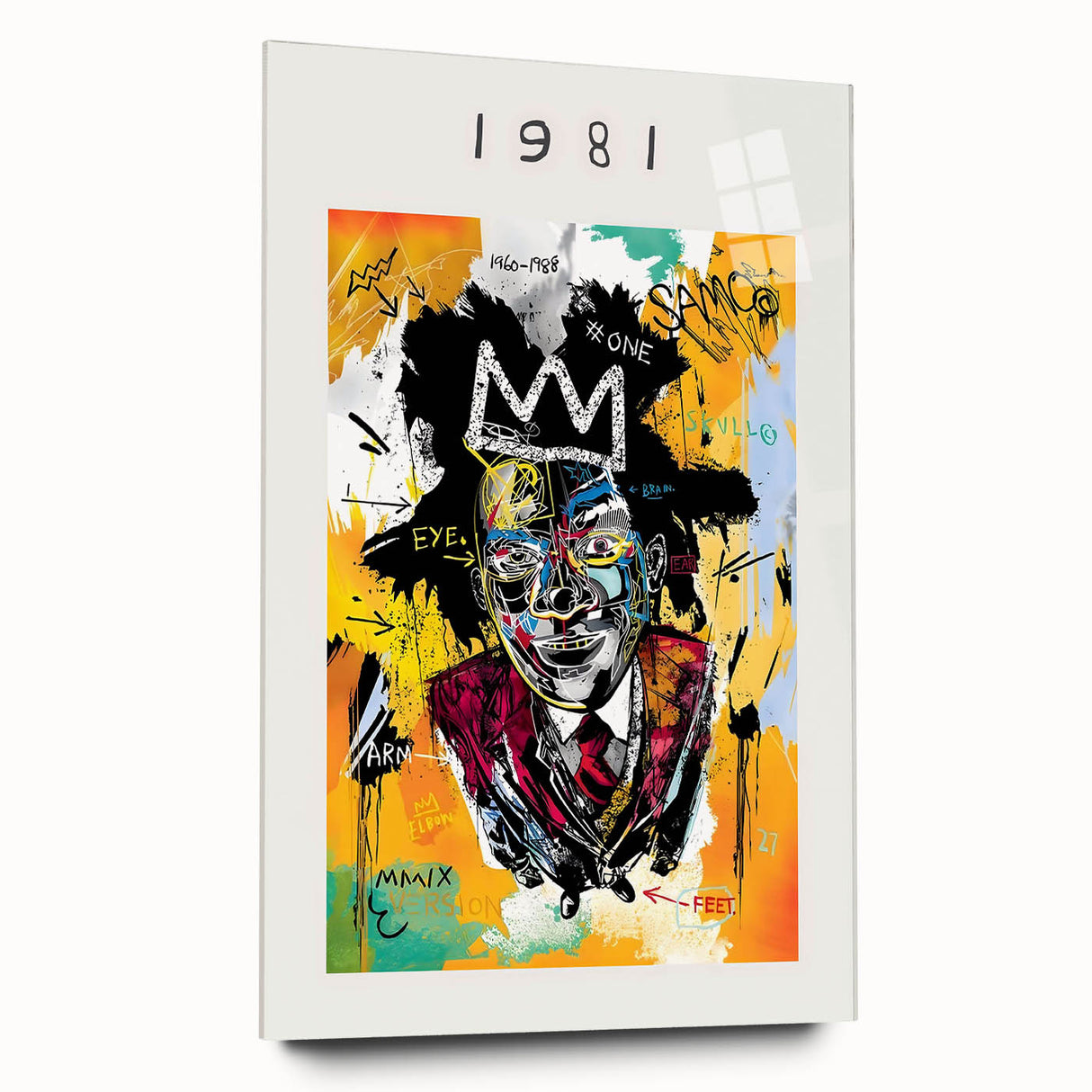 Large abstract wall art on acrylic glass featuring avant-garde Basquiat design, ideal for bedroom or dining room decor.