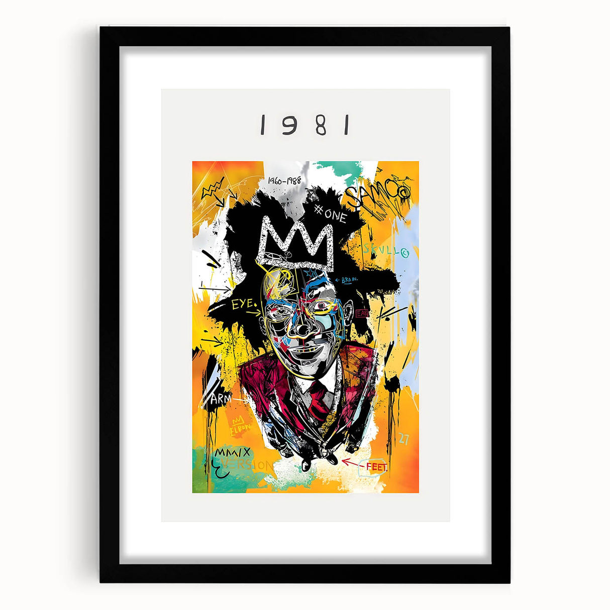Extra large textured abstract art print featuring colorful, avant-garde Basquiat design, framed in black.